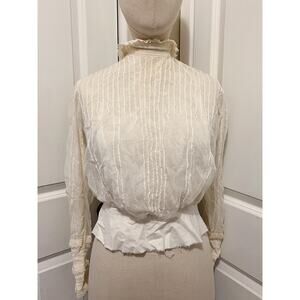 Vintage Victorian Lace Silk Blouse XS Top High Neck Edwardian Ivory Mesh Cream